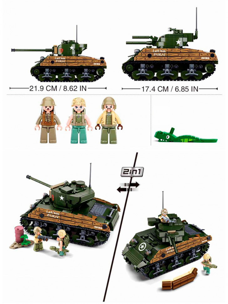 Конструктор Sluban Средний танк M4 Шерман (2 в 1)